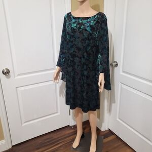 The Limited Teal and Black Floral Velvet Long-Sleeve Dress
